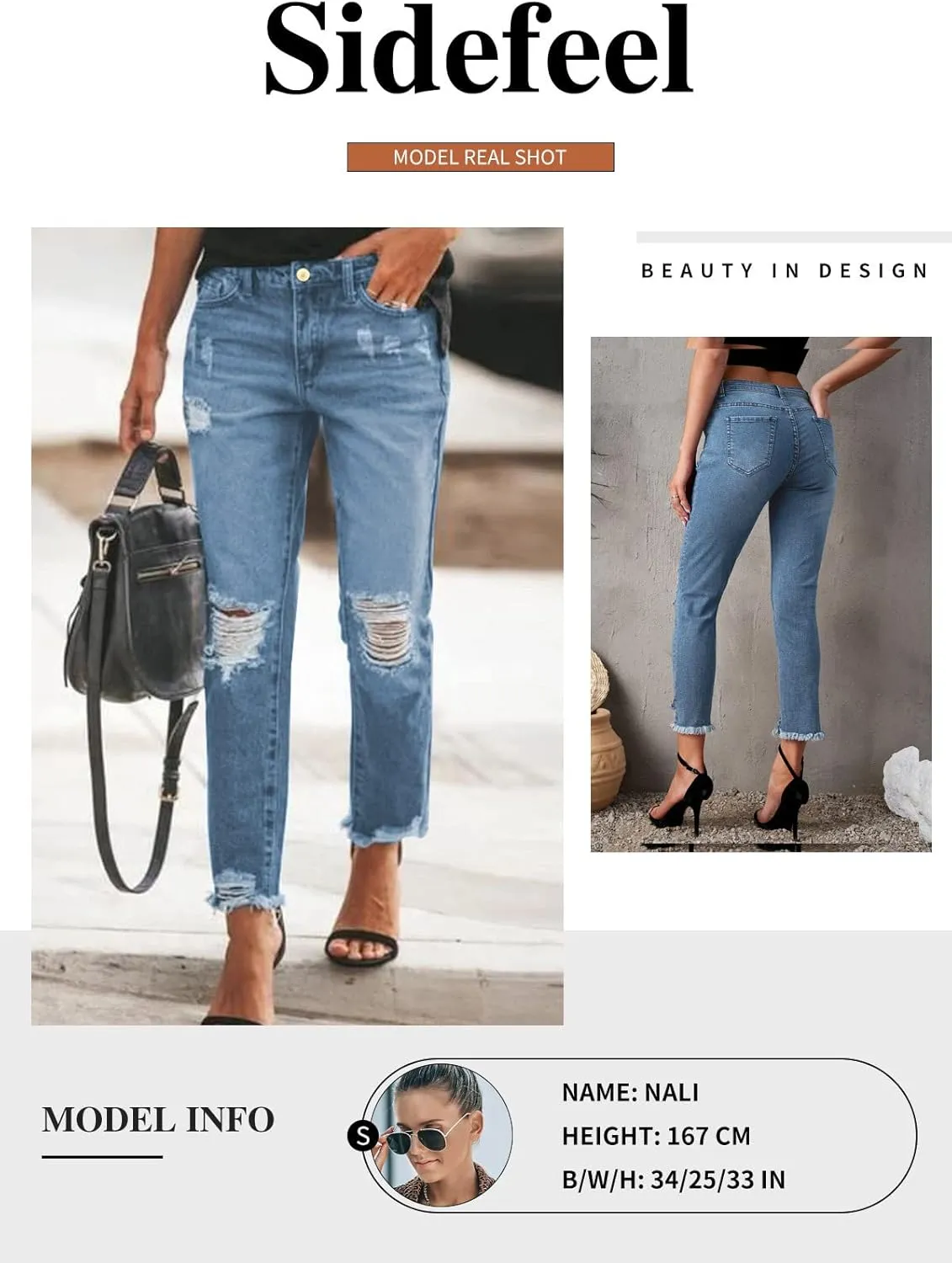 Sidefeel Women's Boyfriend Jeans Stretchy Ripped Distressed Zimbaplatinum Denim Pants Size 4-18