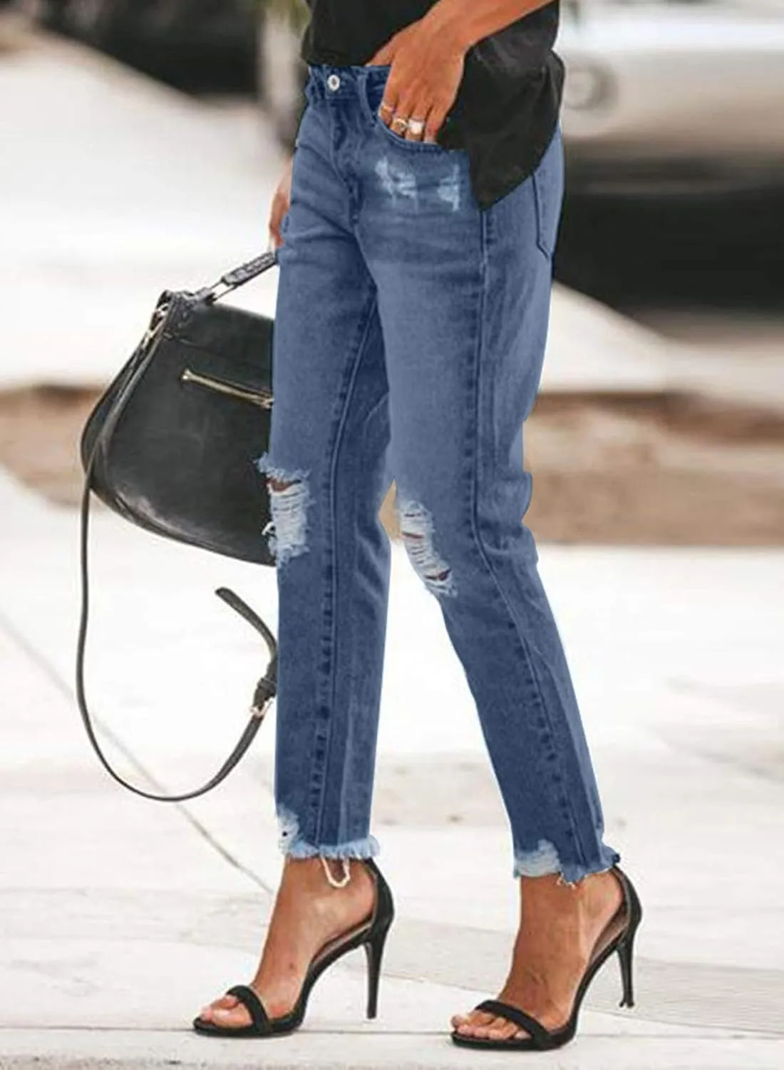Sidefeel Women's Boyfriend Jeans Stretchy Ripped Distressed Zimbaplatinum Denim Pants Size 4-18