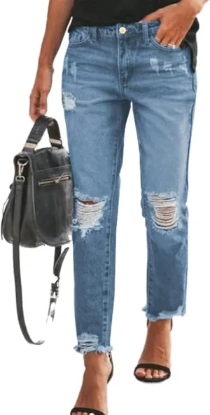 Sidefeel Women's Boyfriend Jeans Stretchy Ripped Distressed Zimbaplatinum Denim Pants Size 4-18