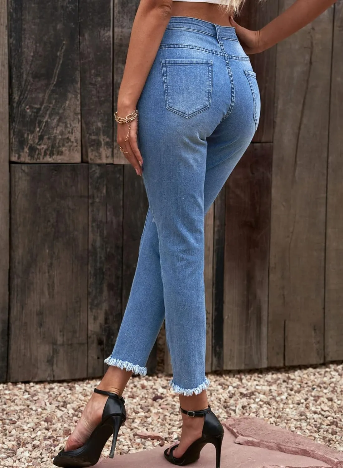 Sidefeel Women's Boyfriend Jeans Stretchy Ripped Distressed Zimbaplatinum Denim Pants Size 4-18