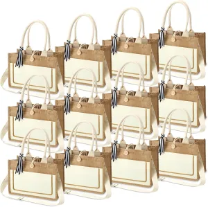 Silkfly 12 Packs Jute Burlap Tote Bags 11.81x7.87x5.51 Inches Burlap Beach Bags with Handles Nice Gift for Women Mom (White)