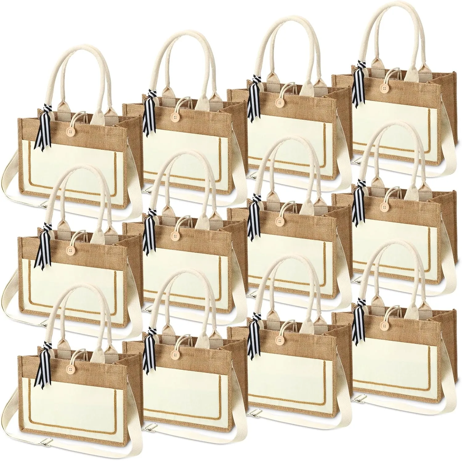 Silkfly 12 Packs Jute Burlap Tote Bags 11.81x7.87x5.51 Inches Burlap Beach Bags with Handles Nice Gift for Women Mom (White)
