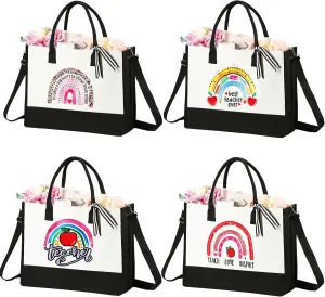 Silkfly 4 Pcs Teacher Appreciation Gifts for Women Canvas Teacher Tote Bag with Zipper for Birthday Graduation, 4 Styles