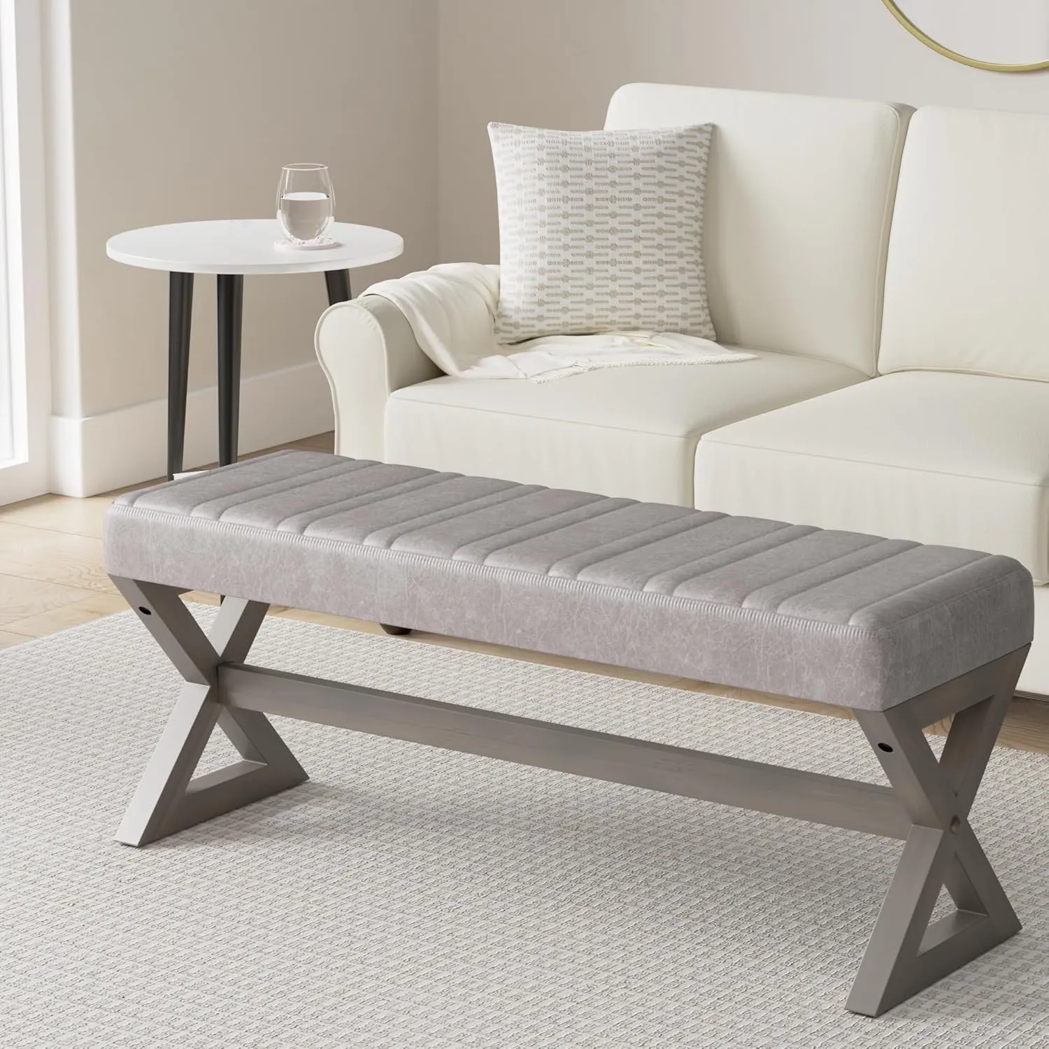 SIMPLIHOME Salinger 48 inch Wide Contemporary Rectangle Ottoman Bench in Distressed Grey Taupe Vegan Faux Leather, Assembled for the Living Room and Bedroom