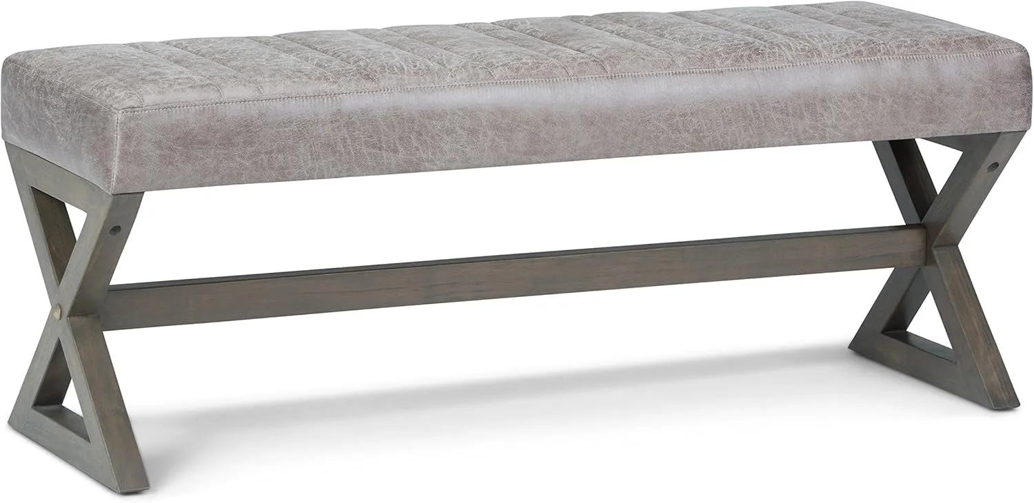 SIMPLIHOME Salinger 48 inch Wide Contemporary Rectangle Ottoman Bench in Distressed Grey Taupe Vegan Faux Leather, Assembled for the Living Room and Bedroom