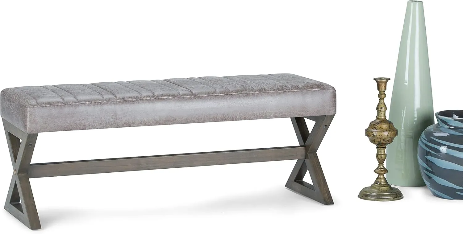 SIMPLIHOME Salinger 48 inch Wide Contemporary Rectangle Ottoman Bench in Distressed Grey Taupe Vegan Faux Leather, Assembled for the Living Room and Bedroom