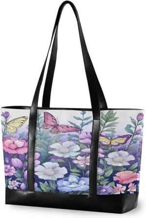 Sinestour Butterflies Flowers Foliage Leaves Tote Bag with Zipper Work Shoulder Handbag with Compartments Canvas Tote Purse for Travel Women Ladies