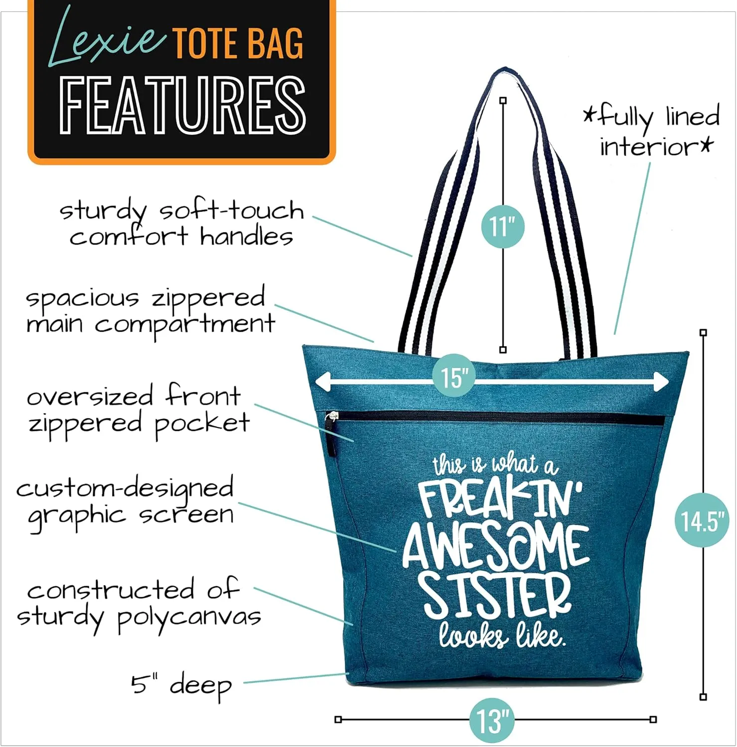 Sister Gifts - Gift for Sisters from Sister and Brother-Zippered Canvas Tote Bag with Pockets- Gift for Birthdays, Christmas