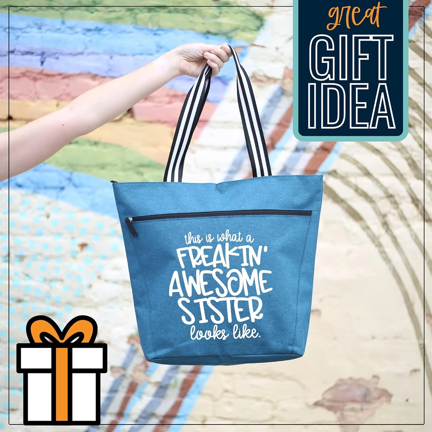 Sister Gifts - Gift for Sisters from Sister and Brother-Zippered Canvas Tote Bag with Pockets- Gift for Birthdays, Christmas