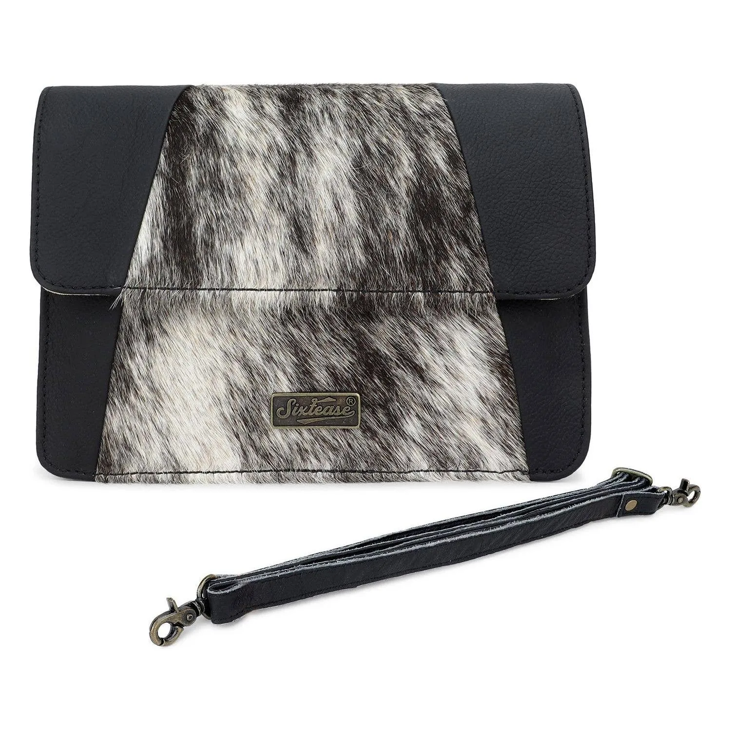 Sixtease Bags - Leather and Cowhide Women's Crossbody Bag - Black White