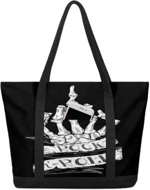 Skeleton Skull Hand Rock N Roll Tote Bag Tote Bag for Women Reusable Grocery Shopping Cloth Bags with Zipper Large Capacity Foldable Handbag Gym Bag for Gift Activity