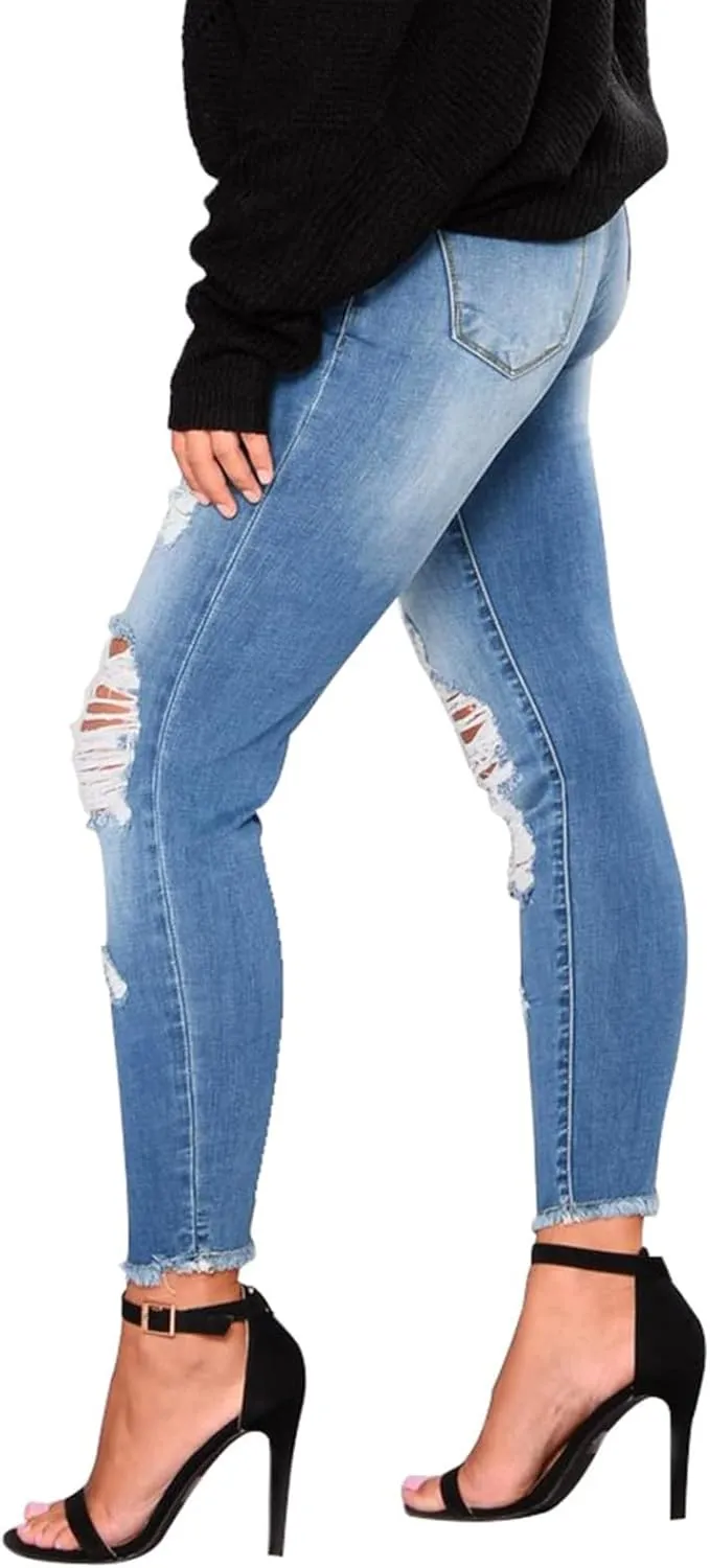 Skinny Jeans for Women Stretchy High Waisted Ripped Jeans Tummy Control Distressed Denim Leggings with Pockets