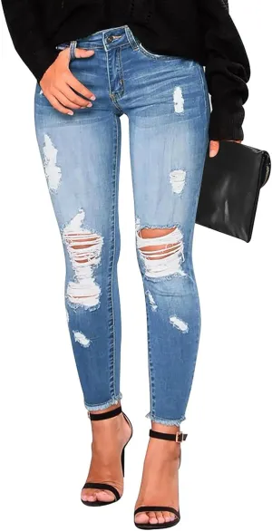 Skinny Jeans for Women Stretchy High Waisted Ripped Jeans Tummy Control Distressed Denim Leggings with Pockets
