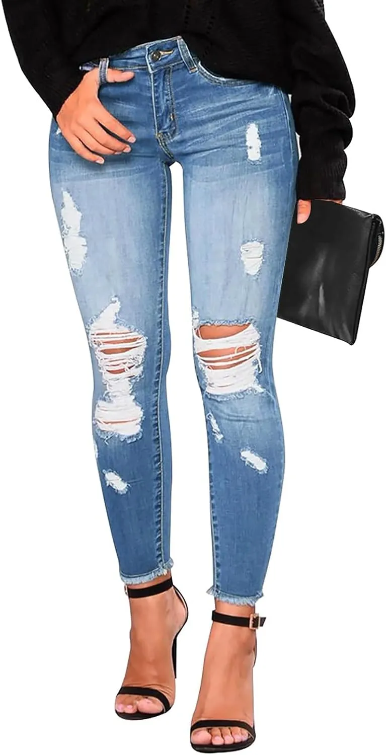 Skinny Jeans for Women Stretchy High Waisted Ripped Jeans Tummy Control Distressed Denim Leggings with Pockets