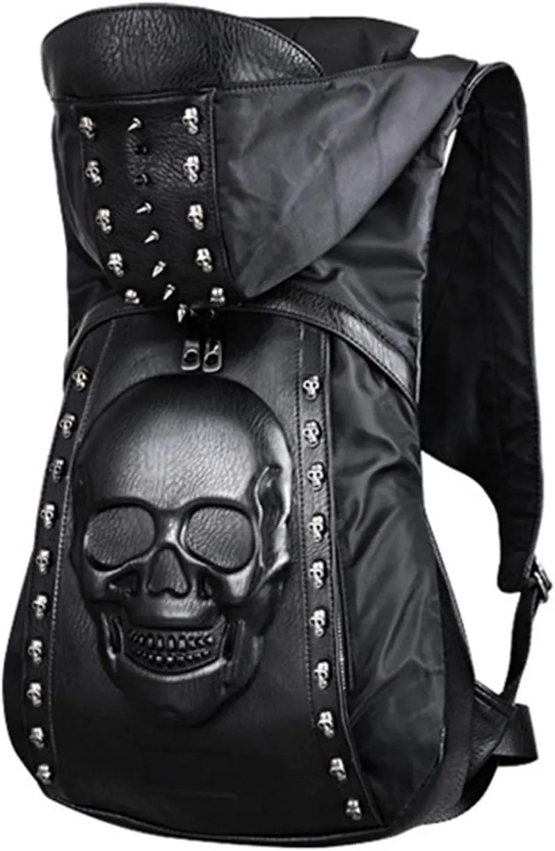 Skull Punk Art Fashion Backpack Hooded Purse Gothic 3D Skull PU Leather Bookbag Shoulder Bag Laptop Bag, One Color, One Size