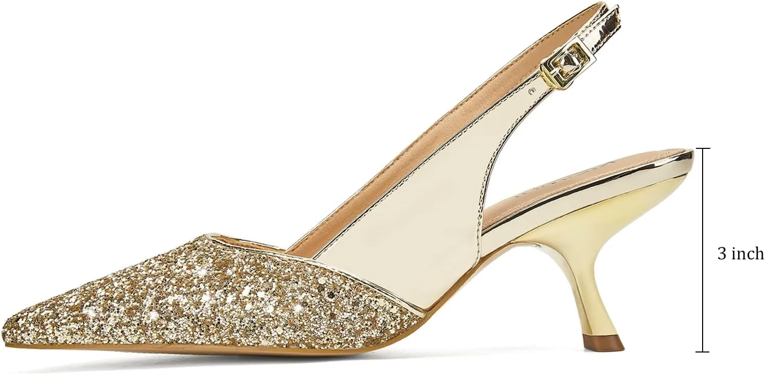 Slingback Kitten Heels for Women Closed Pointed Toe Low Heel Pumps Glitter Sparkly Rhinestone Heels