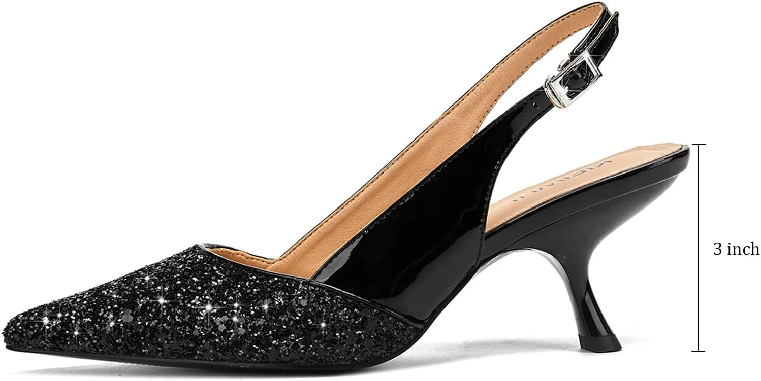 Slingback Kitten Heels for Women Closed Pointed Toe Low Heel Pumps Glitter Sparkly Rhinestone Heels