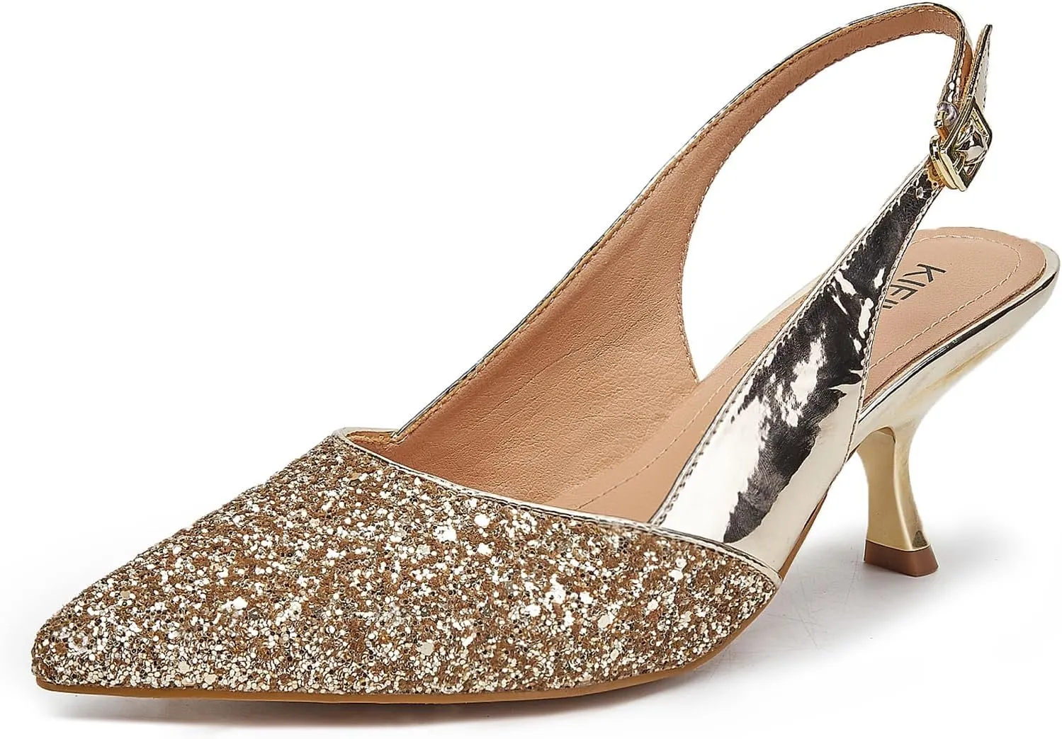 Slingback Kitten Heels for Women Closed Pointed Toe Low Heel Pumps Glitter Sparkly Rhinestone Heels