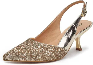 Slingback Kitten Heels for Women Closed Pointed Toe Low Heel Pumps Glitter Sparkly Rhinestone Heels