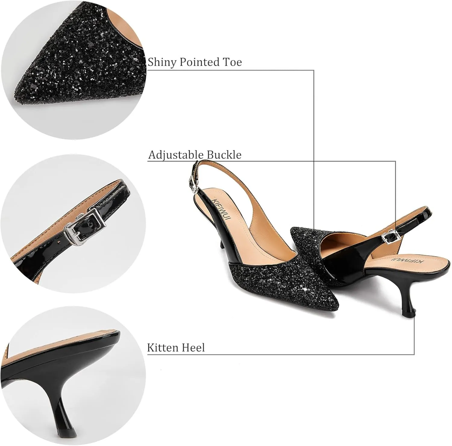 Slingback Kitten Heels for Women Closed Pointed Toe Low Heel Pumps Glitter Sparkly Rhinestone Heels