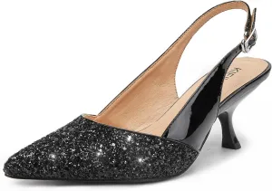 Slingback Kitten Heels for Women Closed Pointed Toe Low Heel Pumps Glitter Sparkly Rhinestone Heels
