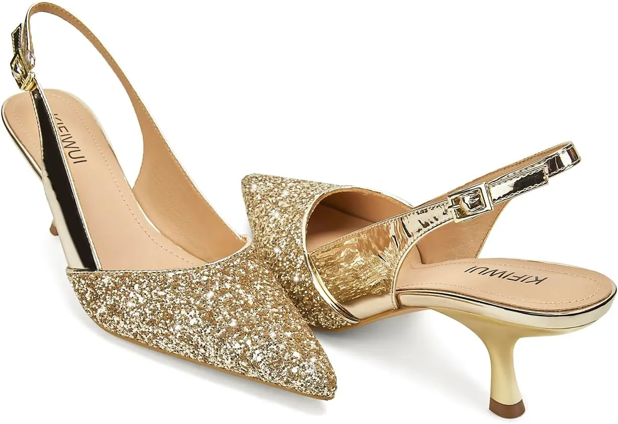 Slingback Kitten Heels for Women Closed Pointed Toe Low Heel Pumps Glitter Sparkly Rhinestone Heels
