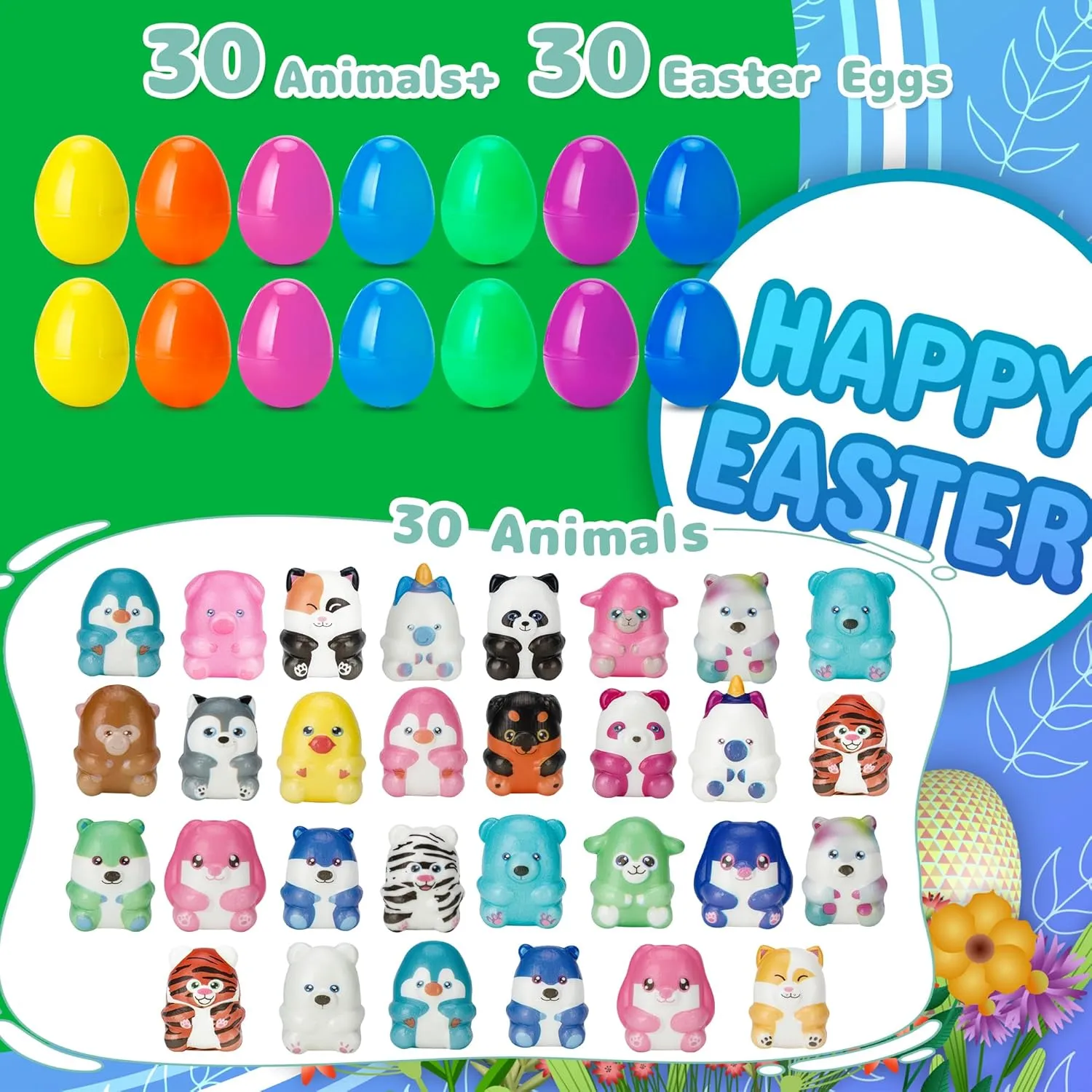 Slow Rising Squishy Toys with Easter Eggs - 30 PCS Stress Relief Fidget Toys,Birthday Goodie Bag Stuffers Treasure Box Toys, Kids Classroom Prizes,Claw Machine Toys,Mini Animal Toys