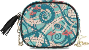 Small Crossbody Bag Octopus Tentacles Marine Life Womens Shoulder Chain Bag PU Leather Small Purse With Tassel
