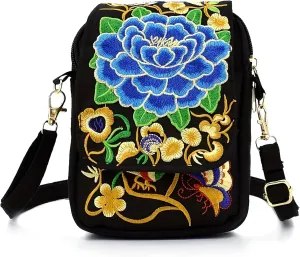 Small Ethnic Crossbocy for Women Canvas Flower Embroidery Cell Phone Bag Flap Coin Pouch Square Purse Wallet (Blue)