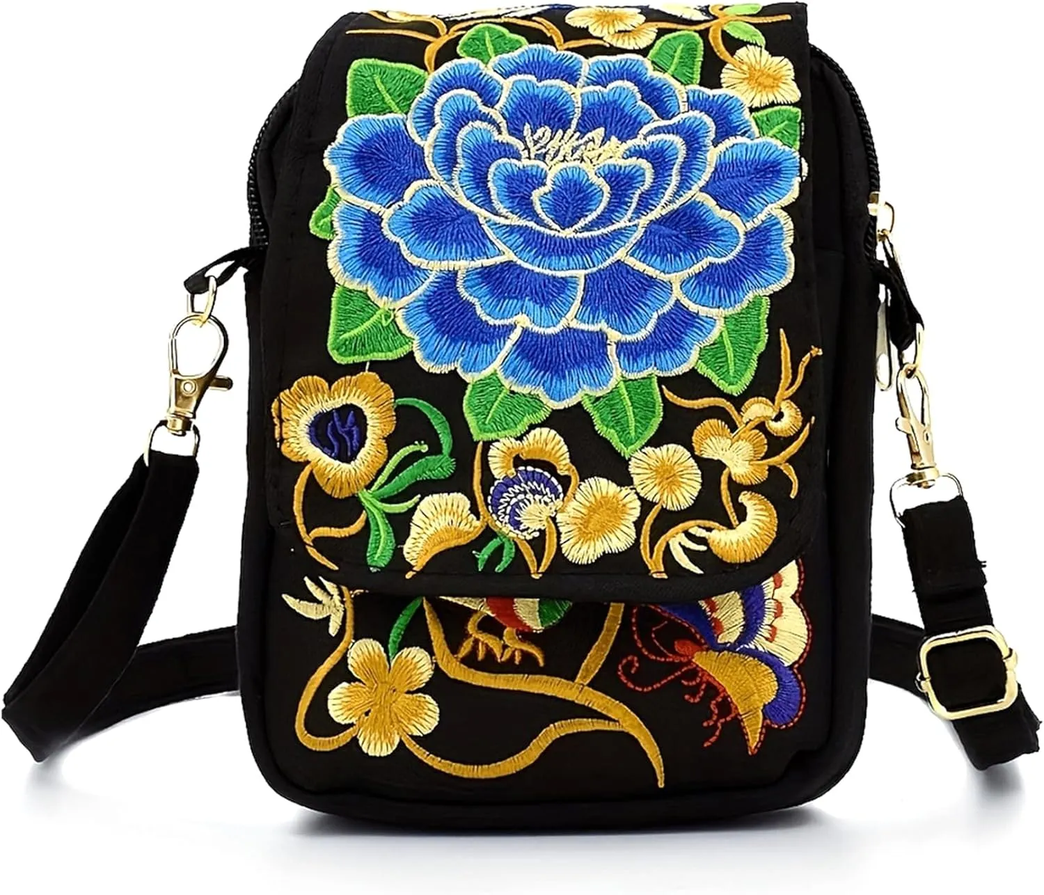 Small Ethnic Crossbocy for Women Canvas Flower Embroidery Cell Phone Bag Flap Coin Pouch Square Purse Wallet (Blue)