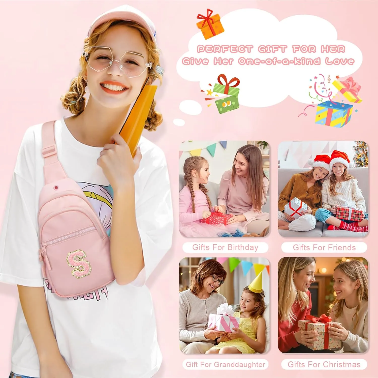 Small Initial Sling Crossbody Bags for Girls Women Fanny Pack Chest Bag Purse Personalized Birthday Gift - Pink - S