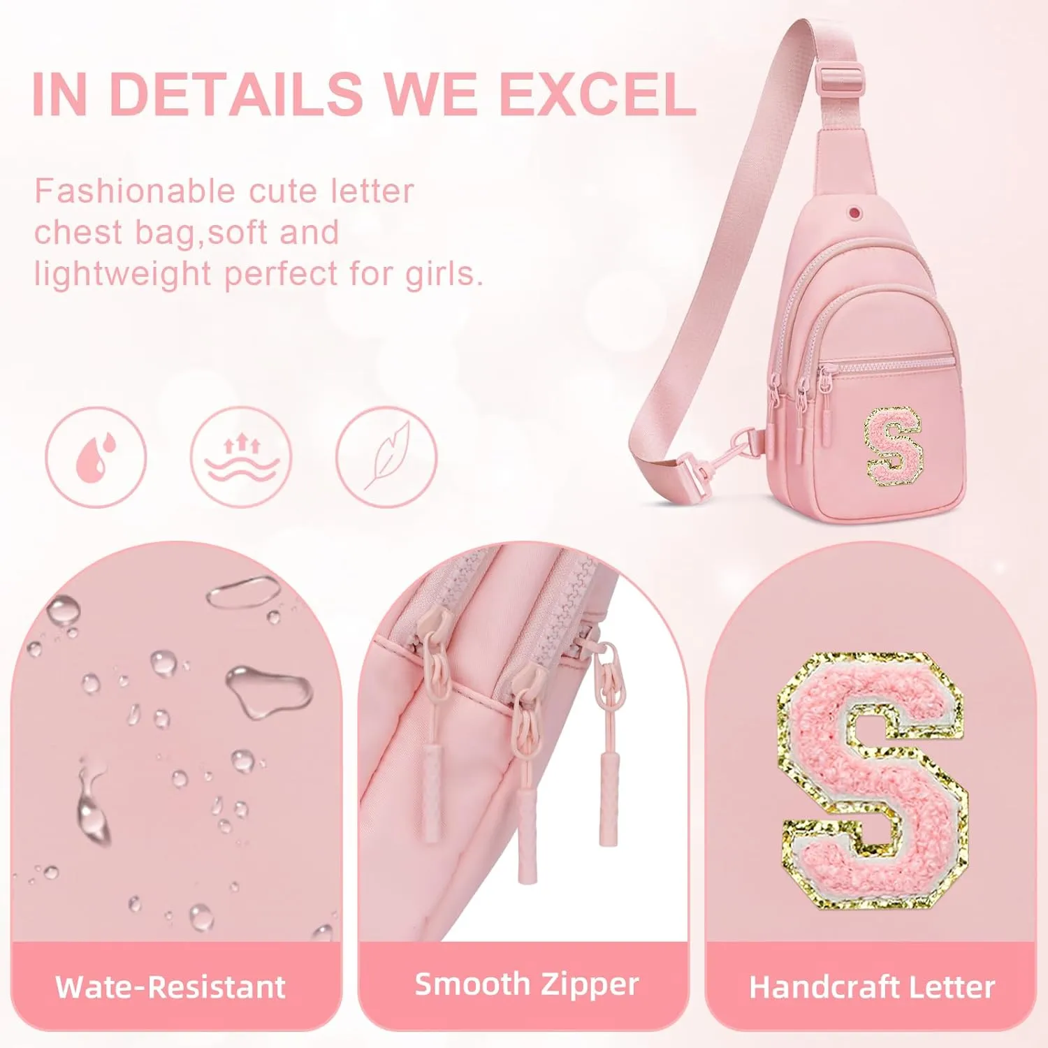Small Initial Sling Crossbody Bags for Girls Women Fanny Pack Chest Bag Purse Personalized Birthday Gift - Pink - S