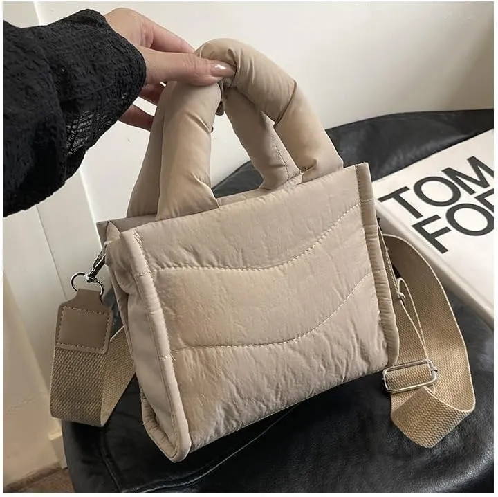 Small Puffer Tote Bag for Women,Quilted Crossbody Bag with Adjustable Strap,Puffy Purse Nylon Shoulder Handbag