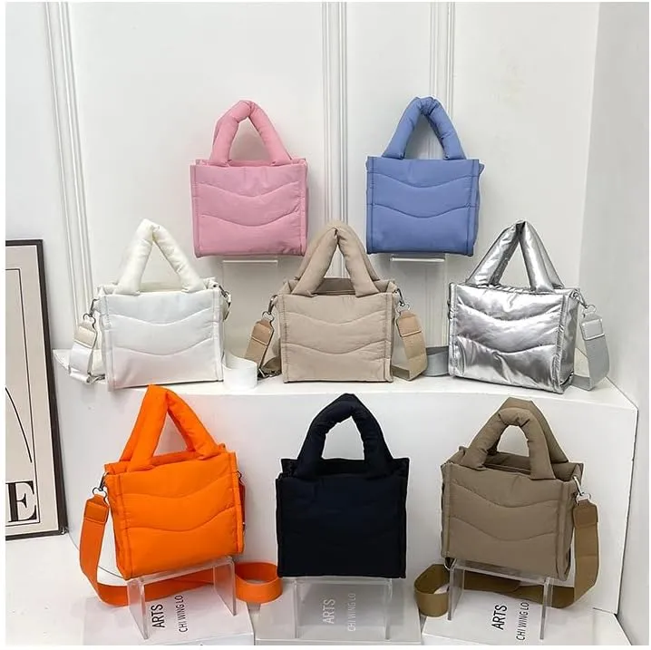 Small Puffer Tote Bag for Women,Quilted Crossbody Bag with Adjustable Strap,Puffy Purse Nylon Shoulder Handbag