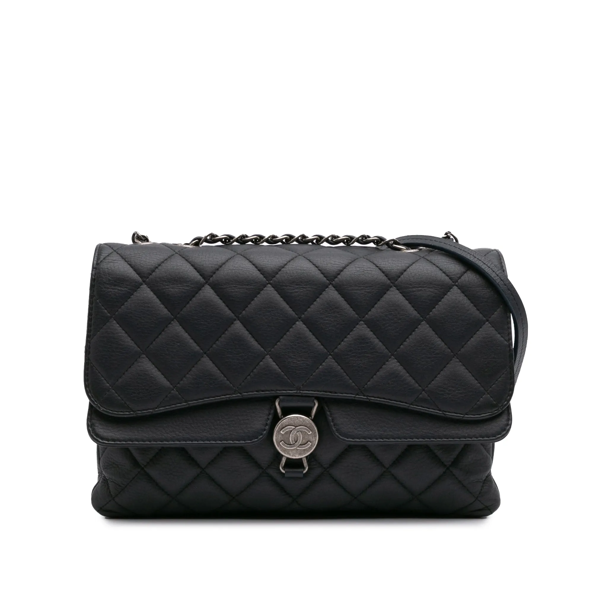 Small Quilted Grained Calfskin CC Round Clasp Accordion Flap