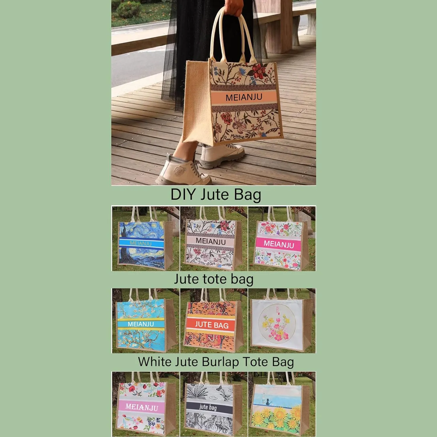 Small Reusable Tote Bags Natural Jute Christmas Gift Bags with Cotton Handles Tote Bags Wedding Bridesmaid Favors Burlap Bag Embroidery DIY Art Crafts Print Decoration,12.6"x8.3"x5.2"Pack of6