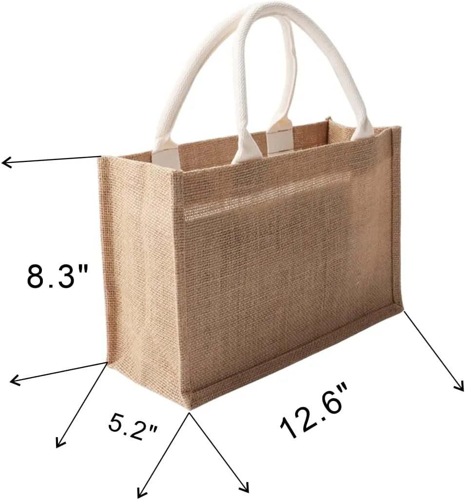 Small Reusable Tote Bags Natural Jute Christmas Gift Bags with Cotton Handles Tote Bags Wedding Bridesmaid Favors Burlap Bag Embroidery DIY Art Crafts Print Decoration,12.6"x8.3"x5.2"Pack of6