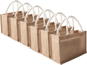 Small Reusable Tote Bags Natural Jute Christmas Gift Bags with Cotton Handles Tote Bags Wedding Bridesmaid Favors Burlap Bag Embroidery DIY Art Crafts Print Decoration,12.6"x8.3"x5.2"Pack of6