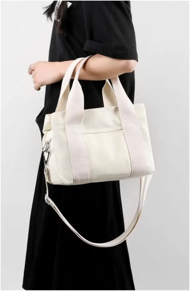 Small Tote Bag with Zipper Canvas Tote 2 Pockets and 3 Compartments Square Single Shoulder Corssbody Cute Handbag