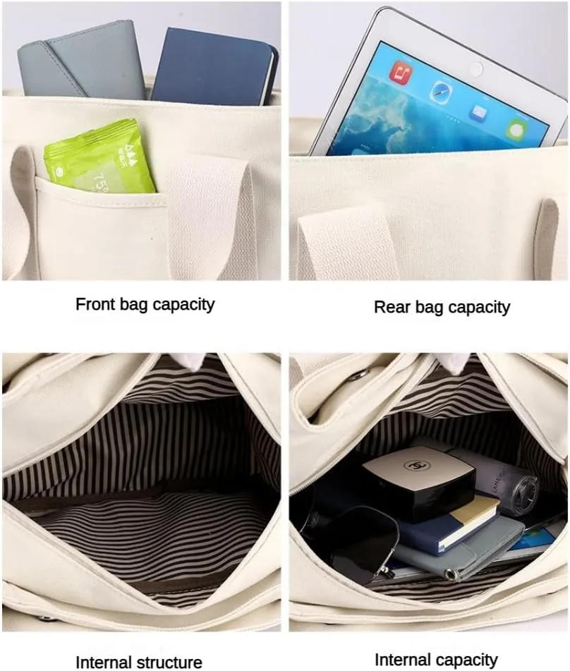 Small Tote Bag with Zipper Canvas Tote 2 Pockets and 3 Compartments Square Single Shoulder Corssbody Cute Handbag