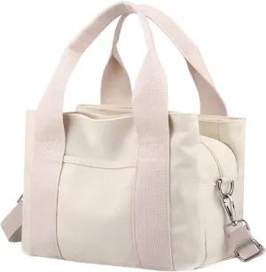 Small Tote Bag with Zipper Canvas Tote 2 Pockets and 3 Compartments Square Single Shoulder Corssbody Cute Handbag