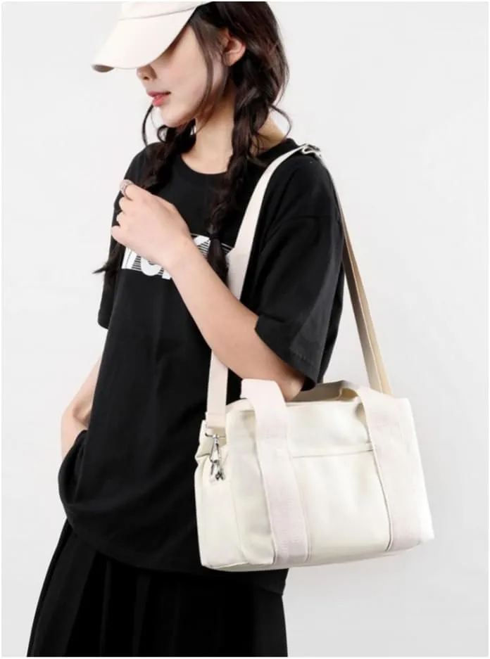 Small Tote Bag with Zipper Canvas Tote 2 Pockets and 3 Compartments Square Single Shoulder Corssbody Cute Handbag