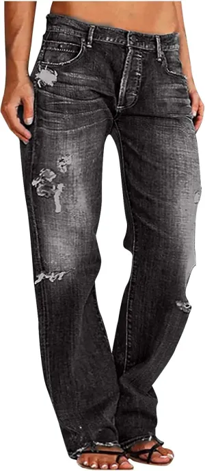 SMIDOW Women Stacked Pants Ripped Jeans Boyfriend Distressed Baggy Cargo Straight Leg Pants