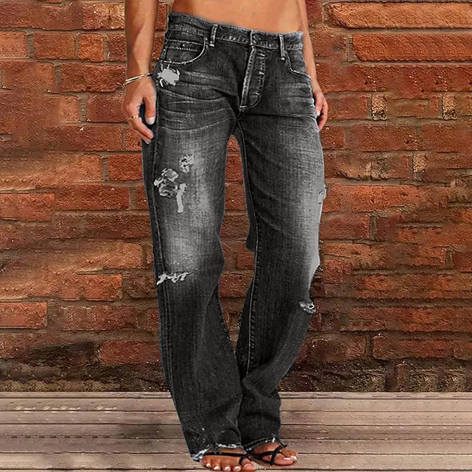 SMIDOW Women Stacked Pants Ripped Jeans Boyfriend Distressed Baggy Cargo Straight Leg Pants