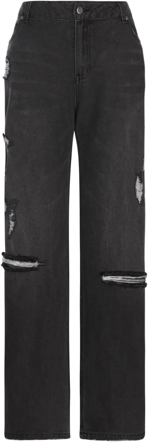 SMIDOW Women Stacked Pants Ripped Jeans Boyfriend Distressed Baggy Cargo Straight Leg Pants
