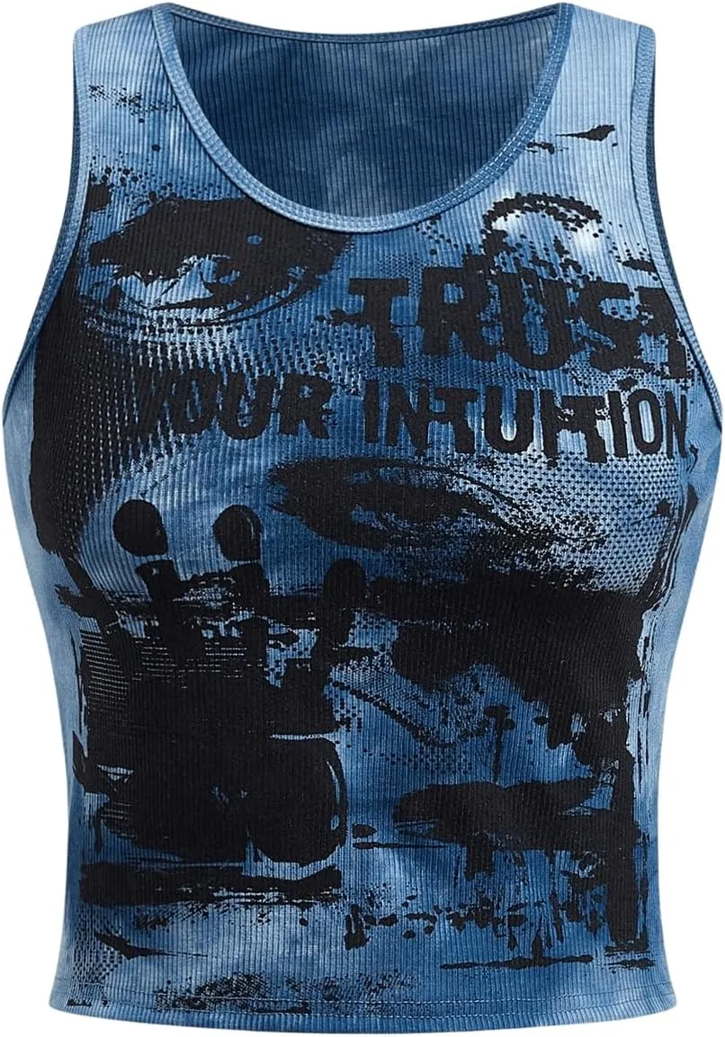 SOLY HUX Women's Graphic Tank Tops Y2k Gothic Scoop Neck Sleeveless Tops Summer Going Out Top