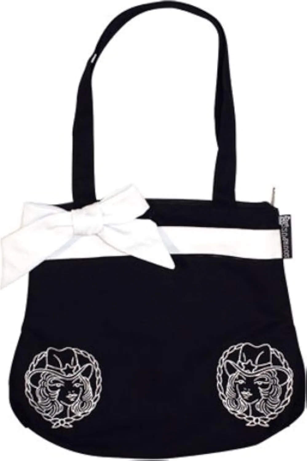 Sourpuss Black Canvas Tote Purse with White Bow and Cowgirl Embroidery from Clothing