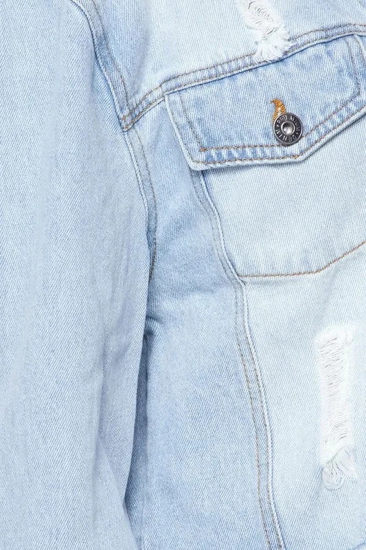 SPRING FUN DISTRESSED  CROPPED DENIM JACKET