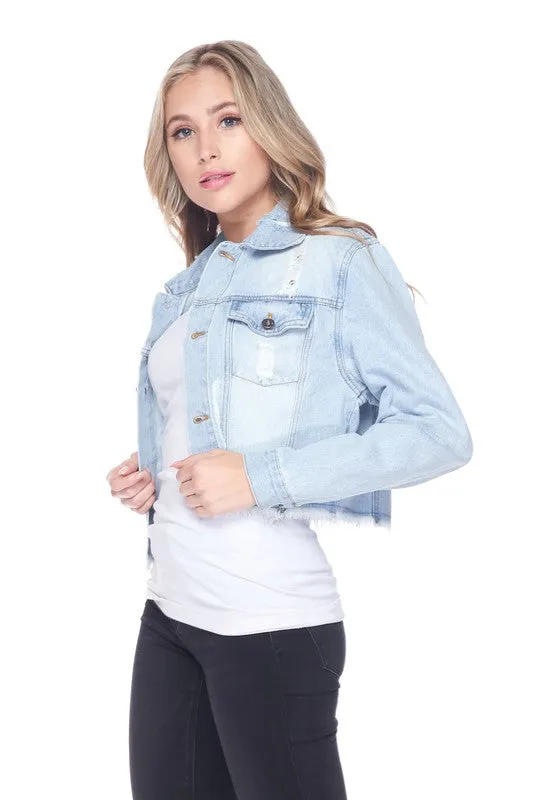 SPRING FUN DISTRESSED  CROPPED DENIM JACKET