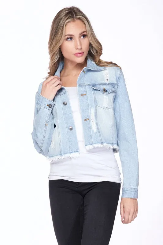 SPRING FUN DISTRESSED  CROPPED DENIM JACKET